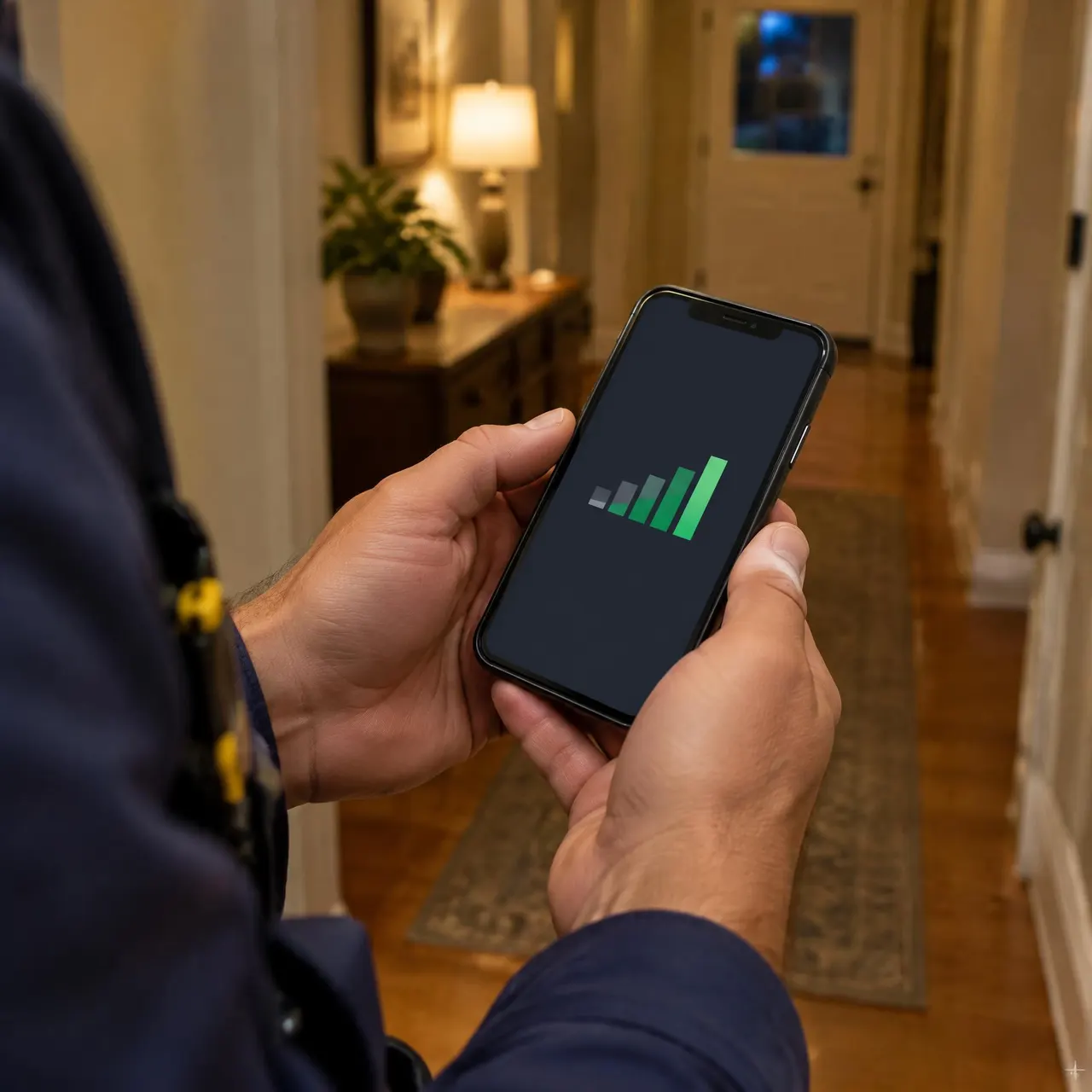 A technician's hands holding a phone with a signal meter app in a home hallway